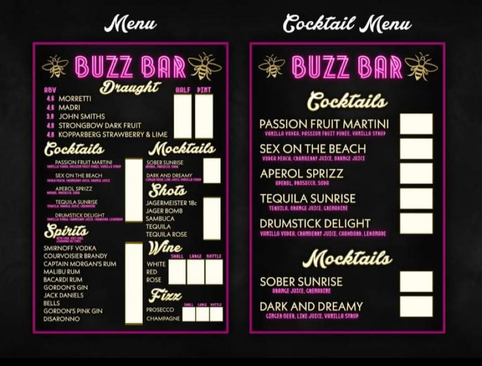 Sample drinks menu